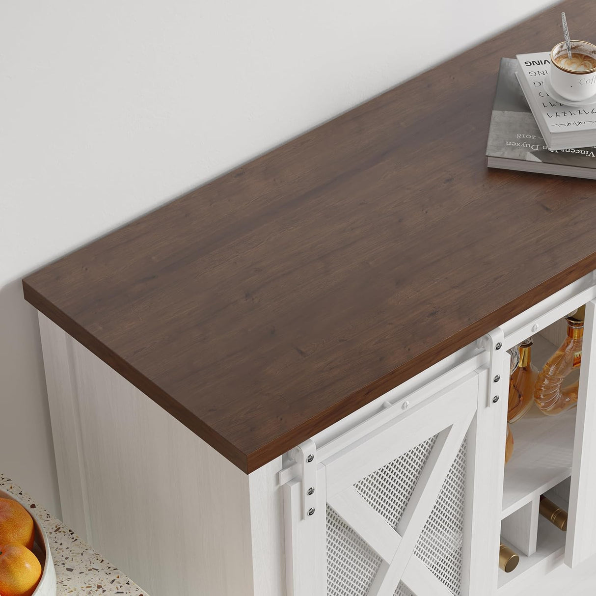 IDEALHOUSE Coffee Bar Cabinet, Console Entryway Table with Storage, Farmhouse Sideboard Buffet Cabinet with Sliding Barn Doors, Wine Liquor Cabinet with Racks for Kitchen, Hallway, Living Room, White IDEALHOUSE