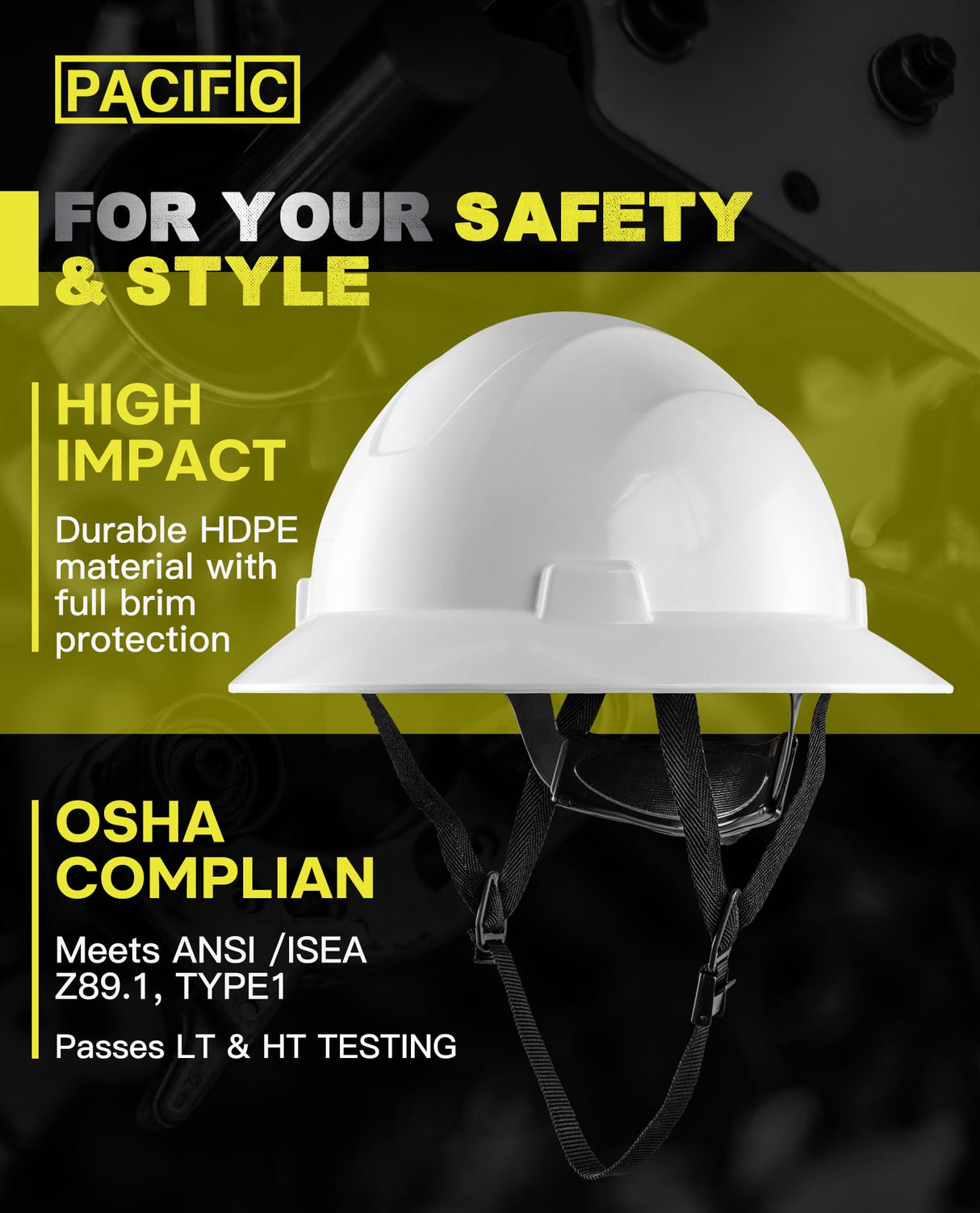 PACIFIC PPE Full Brim Hard Hat, OSHA Construction Work Approved, HDPE Safety Helmet with 4 Point Adjustable Ratchet Suspension, Class E, G & C, White PACIFIC PPE