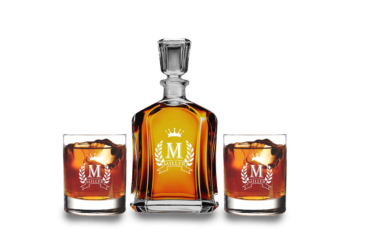 Customized Monogrammed Whiskey Decanter Set - 2 Glasses, Engraved Shield Crown Design - Wedding Decanter with Wood Box Krezy Case