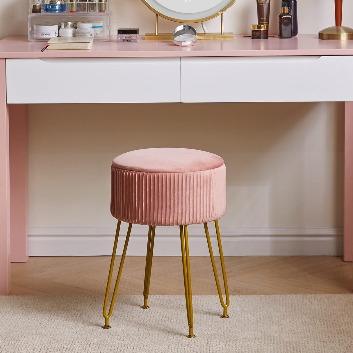 IBUYKE Velvet Storage Footrest Stool Ottoman, Makeup Vanity Stool Side Table with Golden Steel Legs Removable Cover, Coffee Table Top Cover, Pink LG-20P IBUYKE