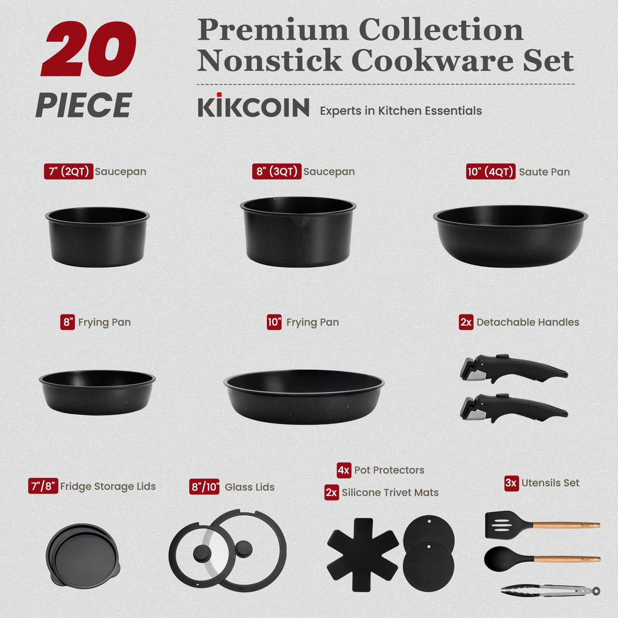 KIKCOIN 20 Pcs Pots and Pans Set Non Stick, Detachable Handle Cookware Sets Nonstick, Non Toxic Induction RV Kitchen Cooking Set with Removable Handles, Dishwasher/Oven Safe, Easy Clean (Black) Kikcoin