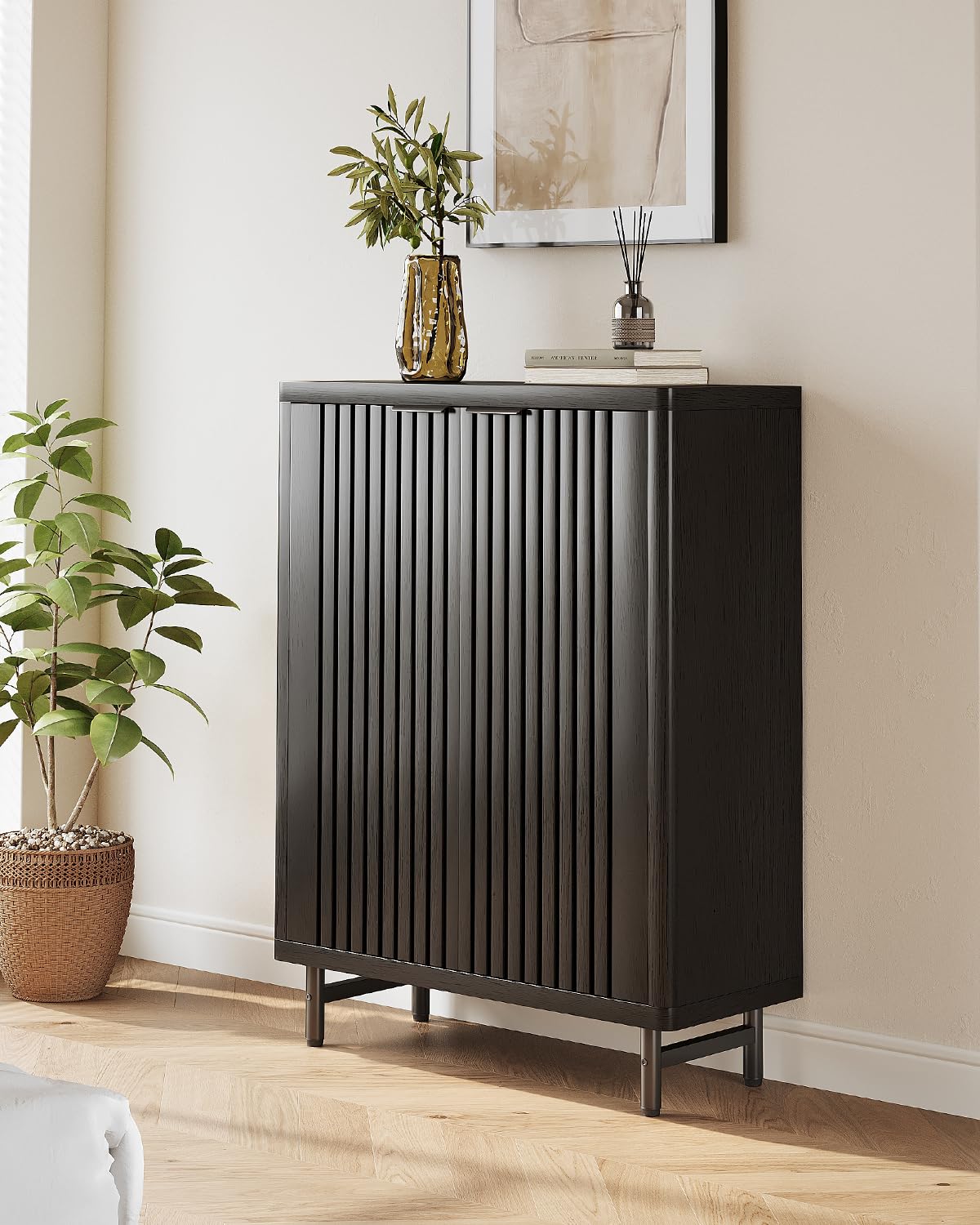 LITTLE TREE 6-Tier Shoe Cabinet with Doors for Up to 24 Pairs, Large Wooden Shoe Storage Cabinet with Adjustable Shelves, Black Freestanding Shoe Organizer Cabinet for Entryway, Hallway LITTLE TREE