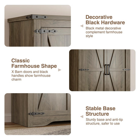 Befrases Farmhouse Rustic Grey Storage Cabinet with Adjustable Shelves, Large Pantry Organize with 2 Barn Doors, Tall Freestanding Cabinet for Kitchen, Bathroom/Garage/Basement/Living/Utility Room Befrases