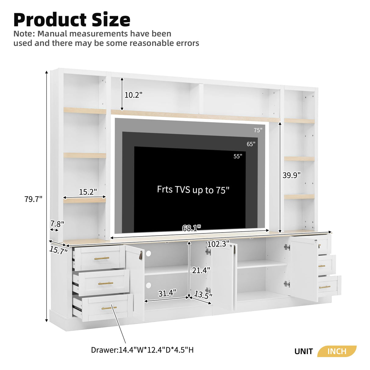 LUMISOL Farmhouse 4-Piece Entertainment Center Wall Unit for TVs up to 75", Large TV Stand with Bookshelves, 6 Drawers & Adjustable Shelves, Rustic Large Media Console for Living Room, White LUMISOL