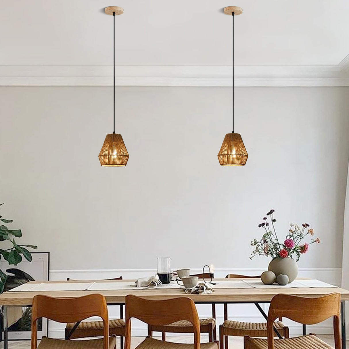 WBinDX Woven Rattan Pendant Light Fixture, 7'' Mini Boho Pendant Lights Kitchen Island 2 Pack Farmhouse Natural Hanging Pendant Lighting with Handwoven Basket Shade for Bedroom Foyer Bar Hallway WBinDX