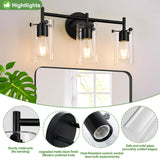 Bathroom Light Fixtures 2023 Upgrade, 3-Light Matte Black Bathroom Vanity Light, Black Bathroom Lights Over Mirror with Clear Glass Shade, Bathroom Wall Sconces for Mirror Bedroom Living Room Hallway Indoi
