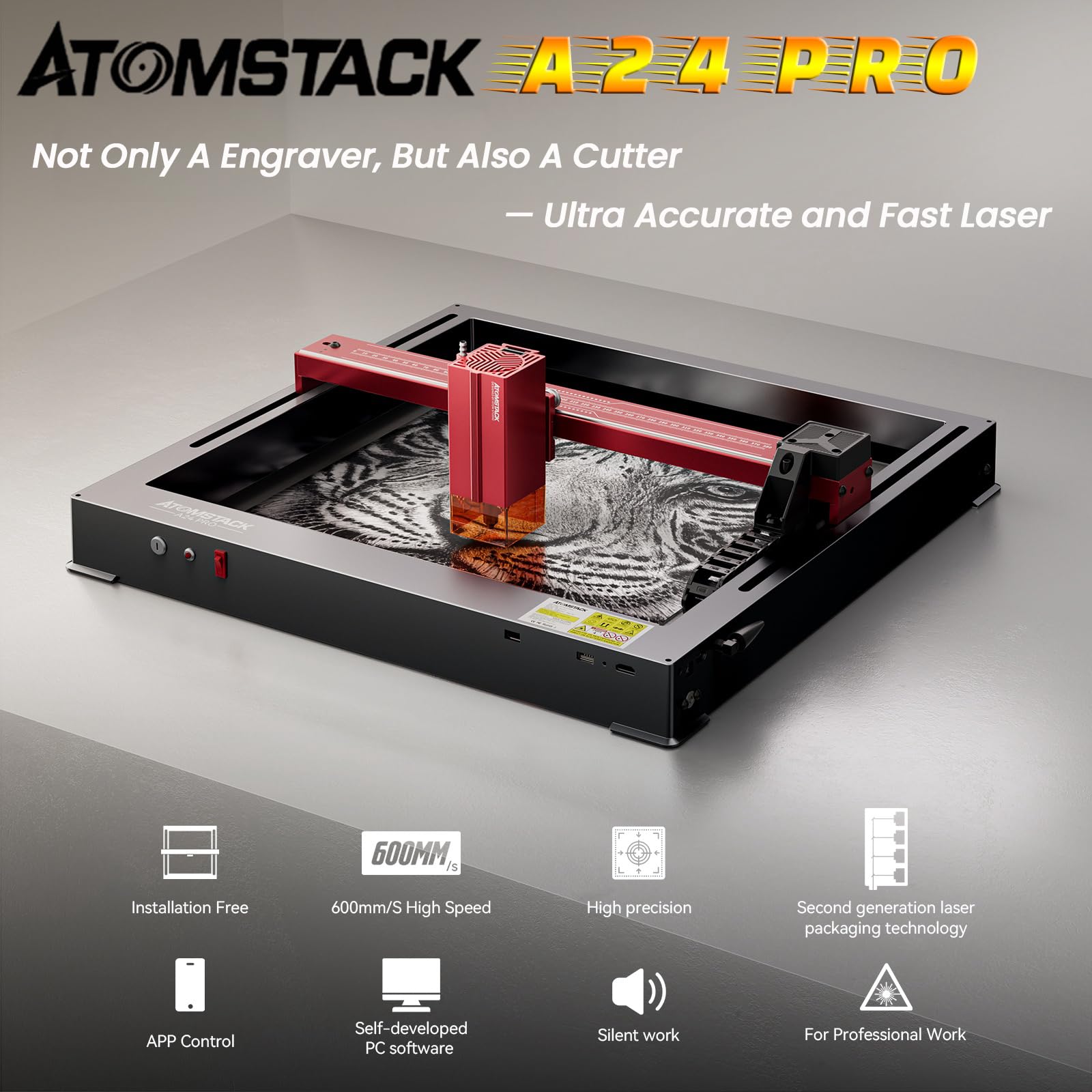 ATOMSTACK A24 Pro Laser Engraving Machine, Unibody Frame Design Installation Free, Laser Class 4,24000mW Output Power Laser Cutter, Ultra-Fine Laser Engraver for Professionals - WoodArtSupply