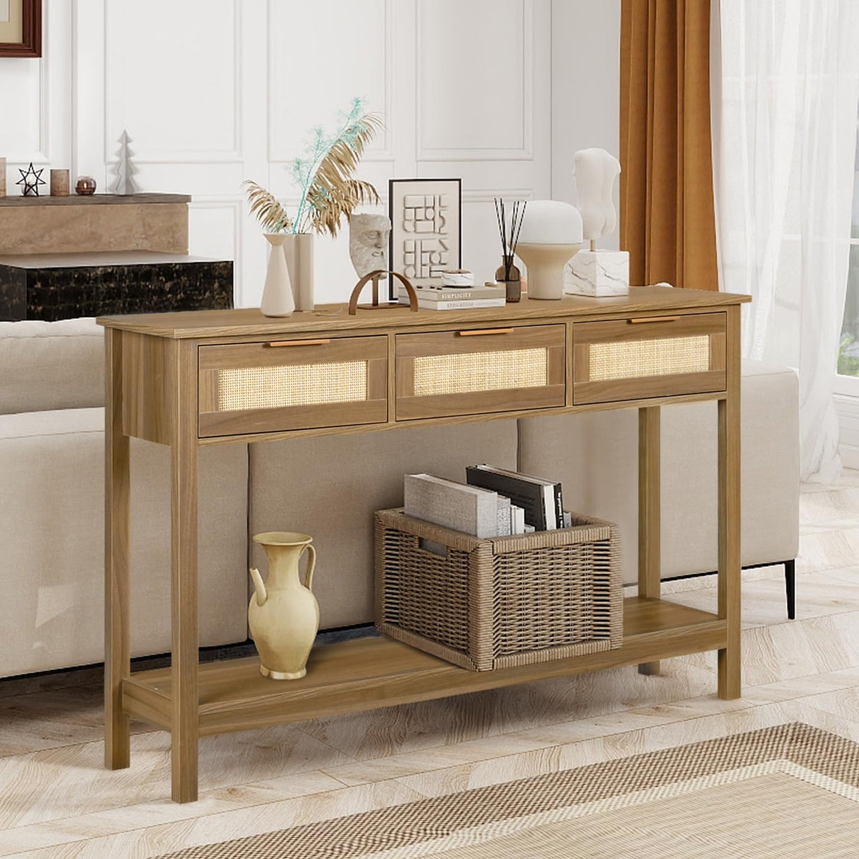 LAZZO Rattan Console Table Boho Entryway Table Narrow Long Sofa Table Hallway Foyer Table Behind Couch Table with 3 Drawers and Open Storage Shelf for Living Room and Corridor Brown LAZZO
