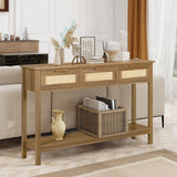 LAZZO Rattan Console Table Boho Entryway Table Narrow Long Sofa Table Hallway Foyer Table Behind Couch Table with 3 Drawers and Open Storage Shelf for Living Room and Corridor Brown LAZZO