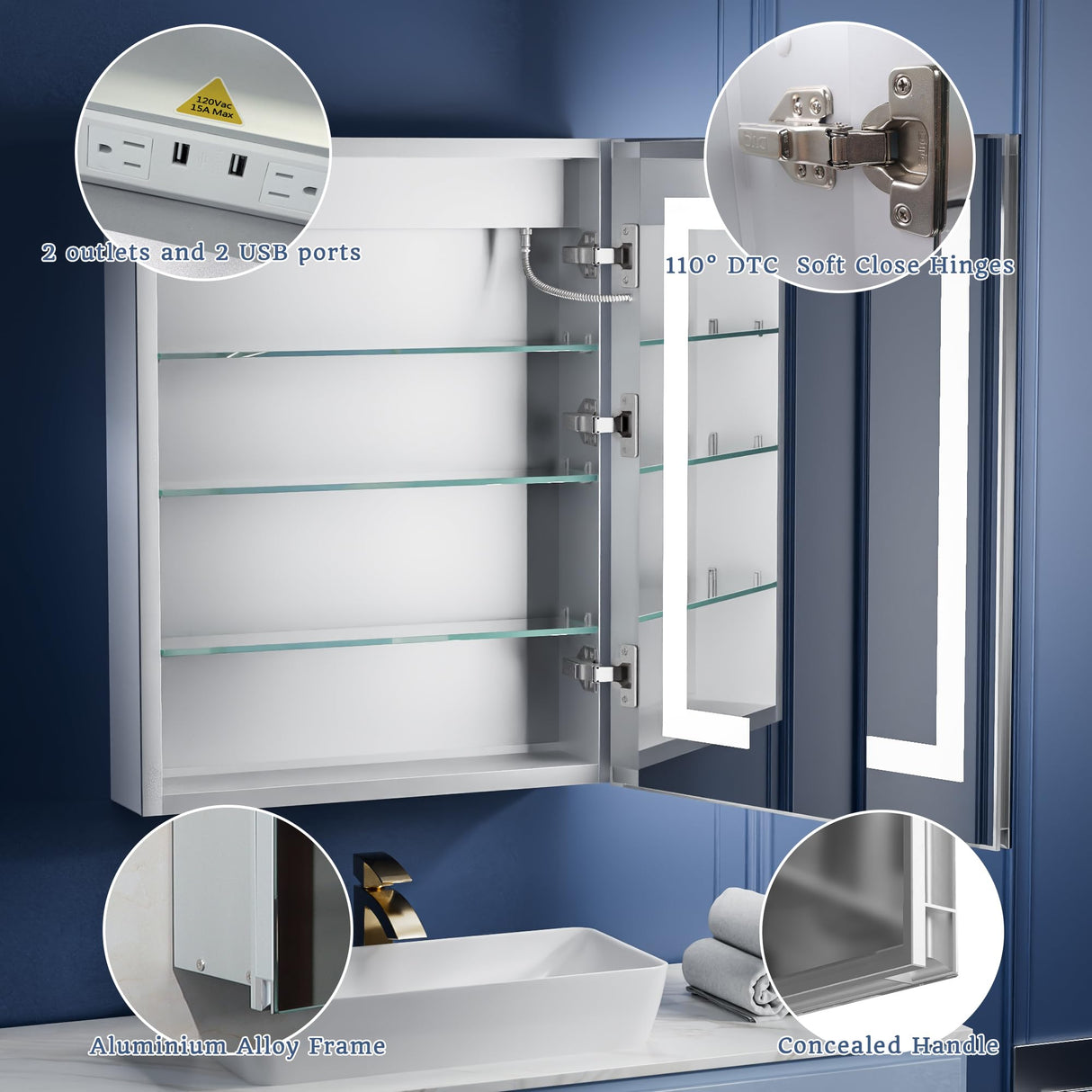 ExBrite LED Lighted Bathroom Medicine Cabinet with Mirror, 24 x 30 Inch, Recessed or Surface Mount, Anti-Fog, Stepless Dimming, Color Temperature Adjustment, 2 Outlets, Storage Shelves, Right Hinge ExBrite