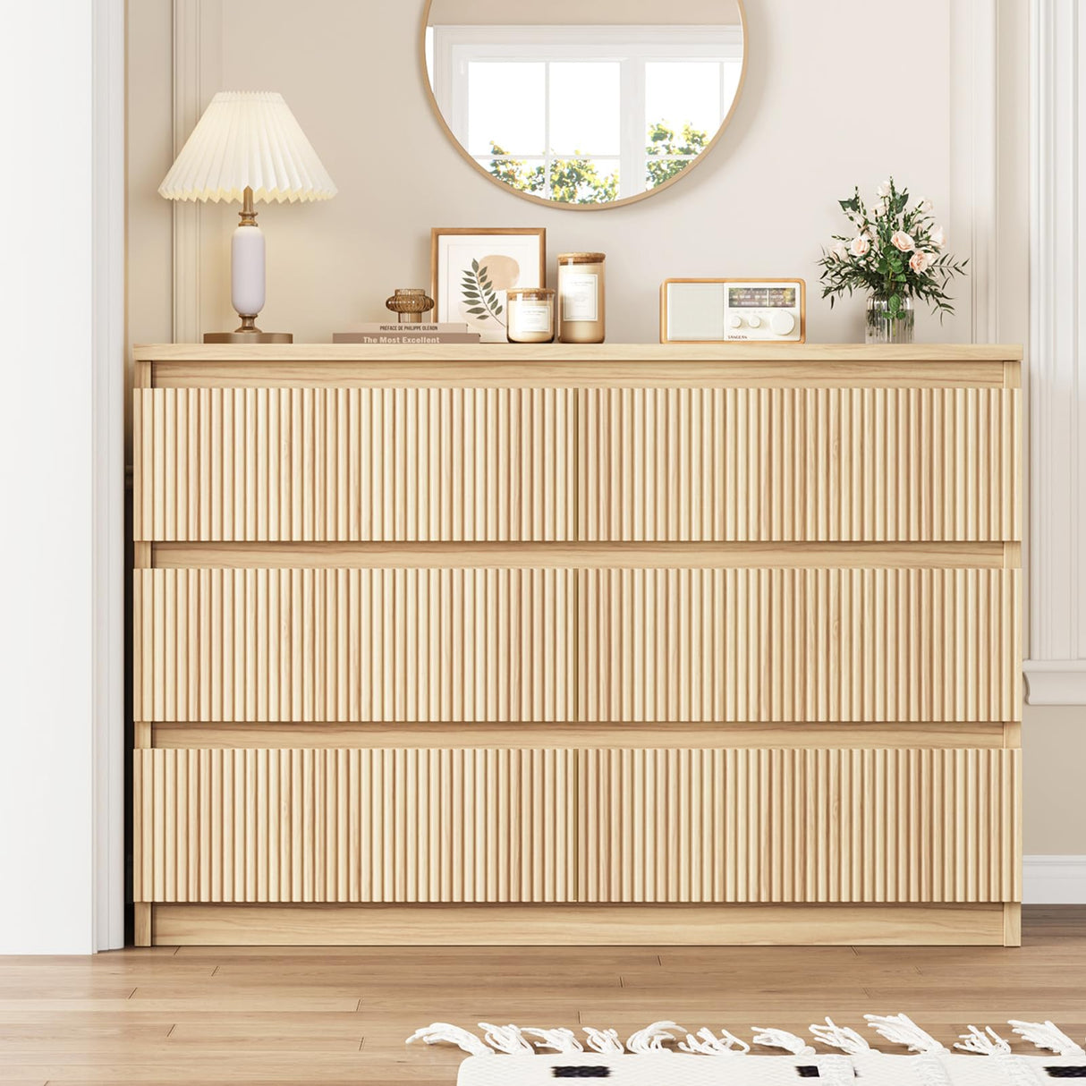 Jocoevol 6 Drawer Dresser for Bedroom, Boho Fluted Dresser with Deep Drawers, Large Double Natural Wood Chest of Drawers for Living Room, Hallway, Entryway (Wood) Jocoevol