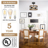 2-Light Farmhouse Semi Flush Mount Ceiling Light Fixture, Rustic Drum Wood Ceiling Lamp for Hallway Kitchen Entryway Foyer Bedroom Laundry Room, Nature Wood Texture and Black Metal Fence Finish WOAEKR