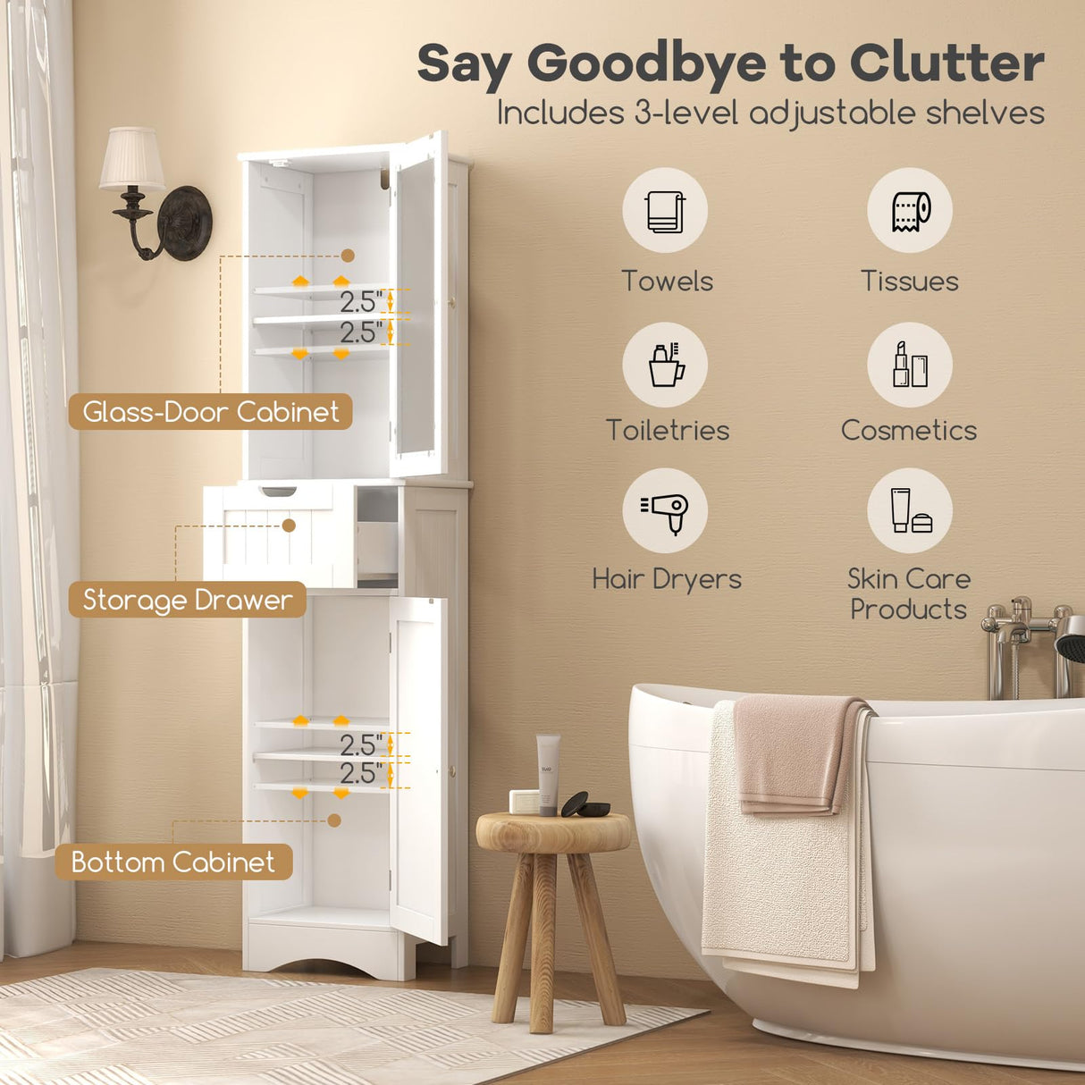 Tangkula 67" Tall Bathroom Storage Cabinet, Slim Freestanding Tower w/ 2 Doors & 1 Drawer, Narrow Floor Cabinet w/Adjustable Shelves & Tempered Glass Door for Bathroom Living Room (White) Tangkula