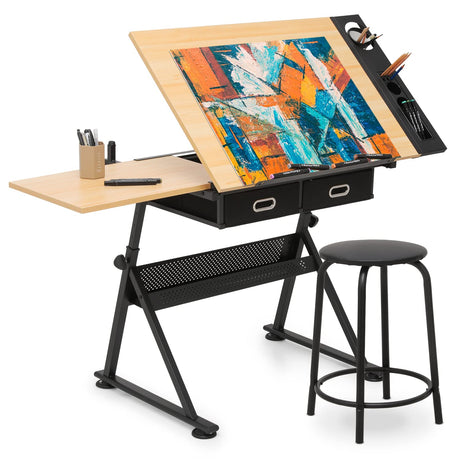 MoNiBloom Adjustable Drafting Table & Stool Set with Storage, Versatile Art Desk and Craft Center Home Study Room Artist Desk MoNiBloom