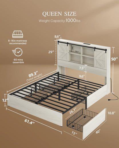 DWVO Farmhouse Queen Size Bed Frame with Storage Bookcase Headboard, Sliding Barn Door, 4 Storage Drawers, RGB LED Bed Frame with USB Charging Station, No Box Spring Needed, Antique White - WoodArtSupply