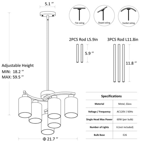 CNRATYE 6-Light Modern Farmhouse Black Chandelier, Contemporary Dining Room Light Fixture, Adjustable Height Hanging Industrial Pendant Lights Kitchen Island, Clear Glass Shade CNRATYE