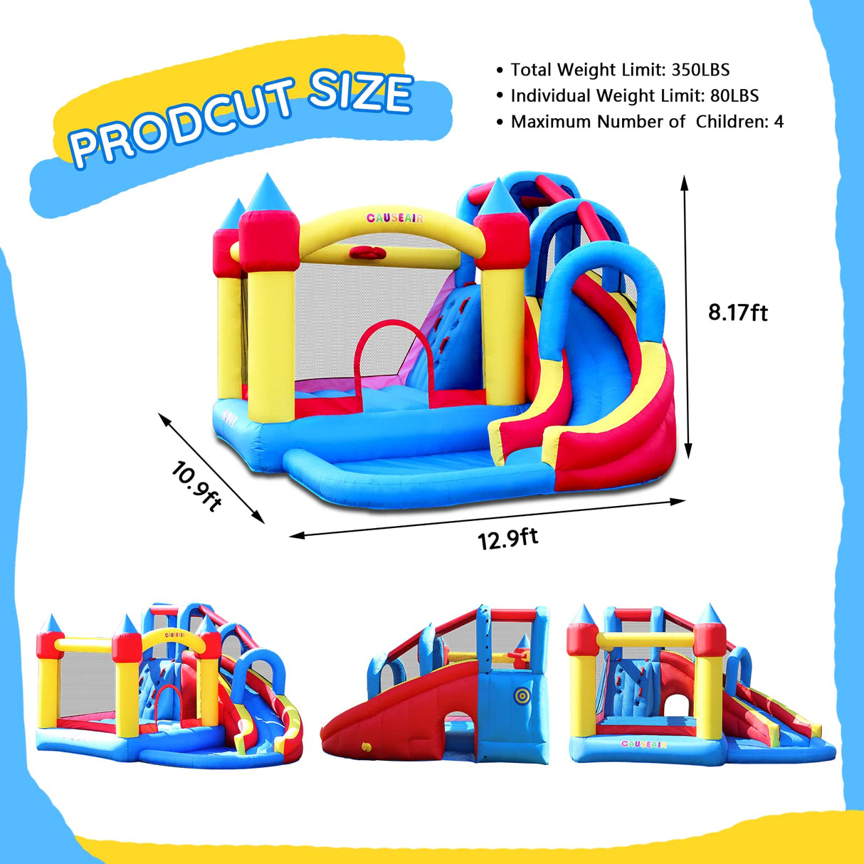 Causeair Giant Inflatable Bounce House with Water Slide,Wet & Dry Use,Basketball Hoop,Climbing Wall,Heavy Duty GFCI Blower,Bouncy Castle with Ball Pit causeair