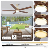 YZEENM 60 Inch Ceiling Fan with Light, Outdoor Ceiling Fans for Patios, Gold Ceiling Fan with LED Lights and Remote, 5 Solid Wood Blade, Quiet DC Motor, Farmhouse Outdoor Large Ceiling Fan Walnut YZEENM