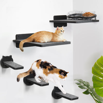 Cat Wall Shelves, Wood Cat Shelves for Wall with Feeding Station, Wall Furniture with 3 Steps, Cat Shelves and Perches Climbing Shelf, Lover Gift, 3 Board