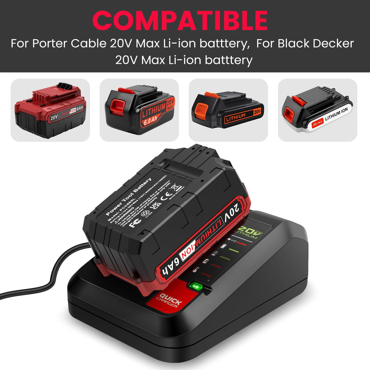 LabTEC 2-Pack 6.0Ah 20V Lithium Battery PCC685L and Battery Charger Kit Compatible with Porter-Cable Labtec