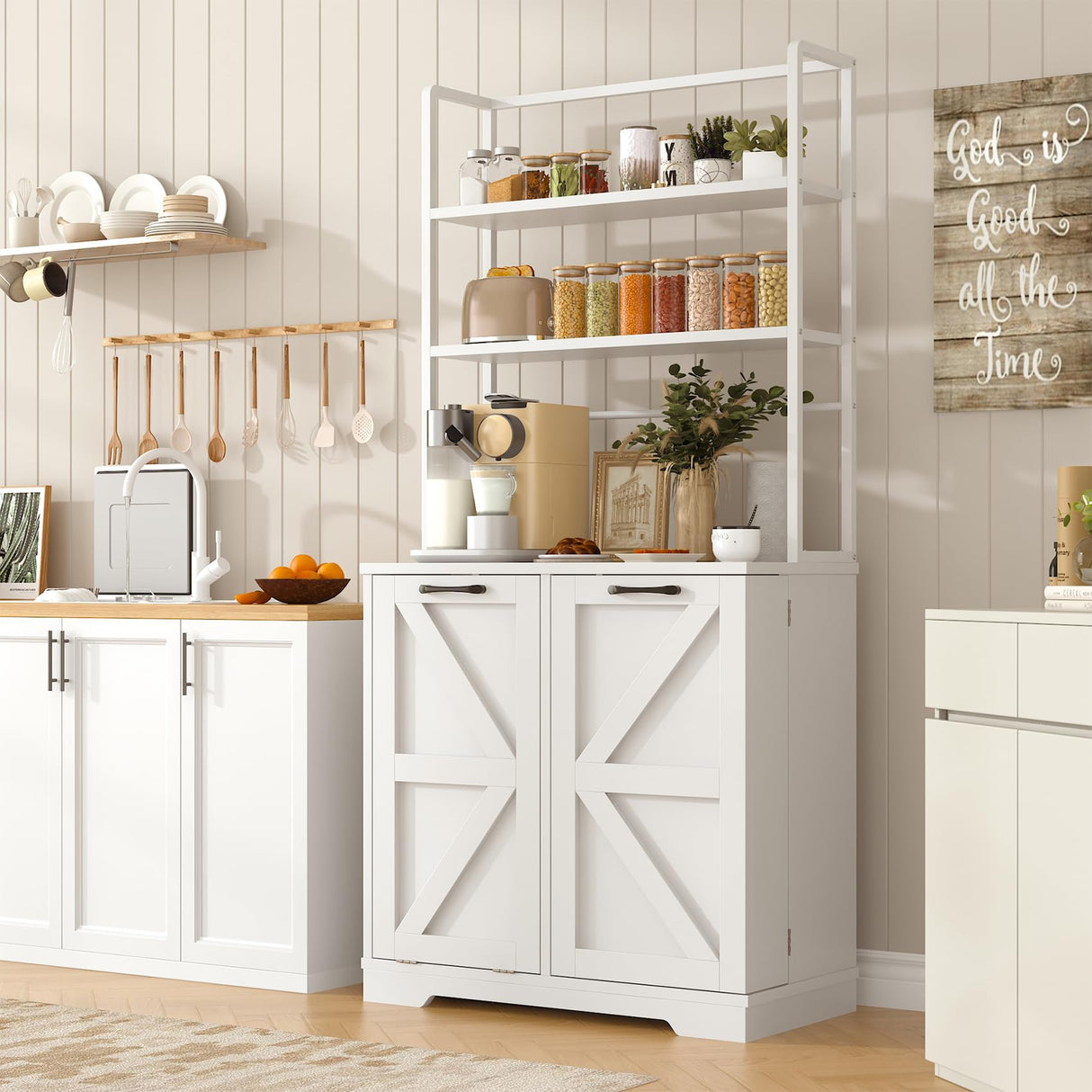 Frmobepts Kitchen Bakers Rack with Storage, 68'' Tall 6 Tier Farmhouse Pantry Cabinet with Trash Bin Cabinet, Microwave Stand Kitchen Cabinet with Hutch,White Frmobepts