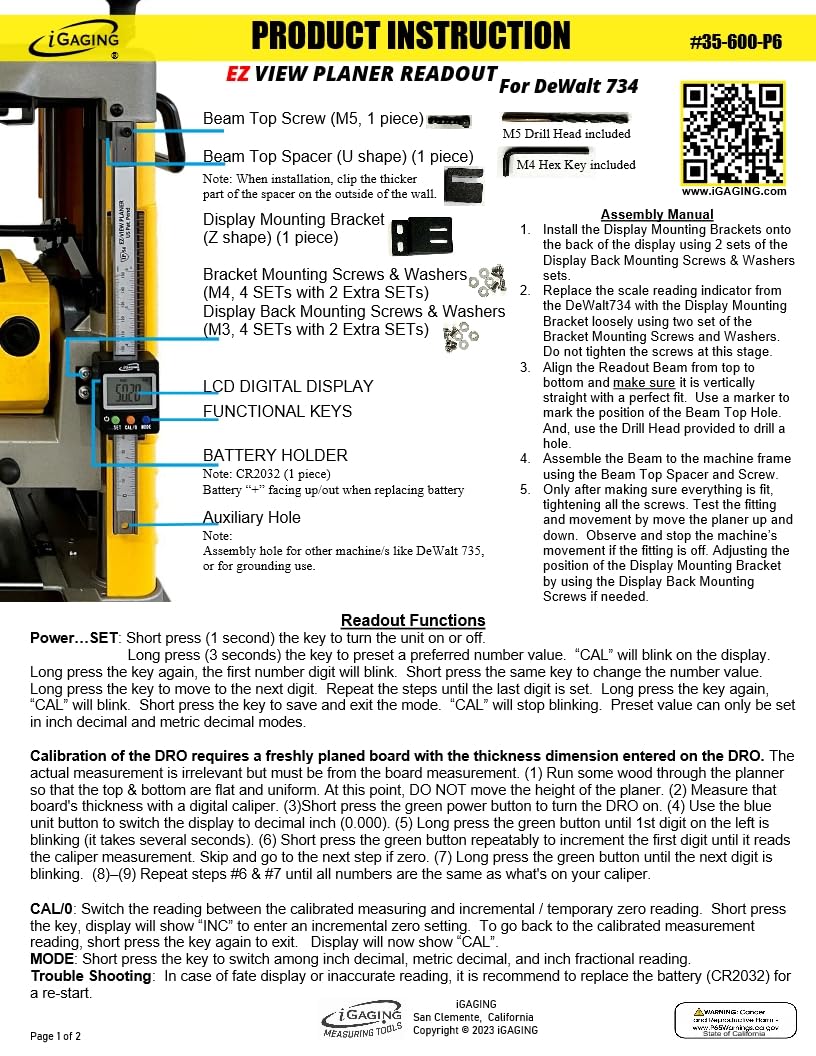 iGaging EZ-View Digital Planer Readout DRO for Portable Planer - Planer Accessories Kit for Dewalt 734 735 and More! IP54 Dust and Moisture Protection (35-600-P6 iGaging