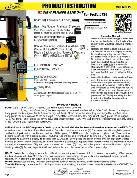 iGaging EZ-View Digital Planer Readout DRO for Portable Planer - Planer Accessories Kit for Dewalt 734 735 and More! IP54 Dust and Moisture Protection (35-600-P6 iGaging
