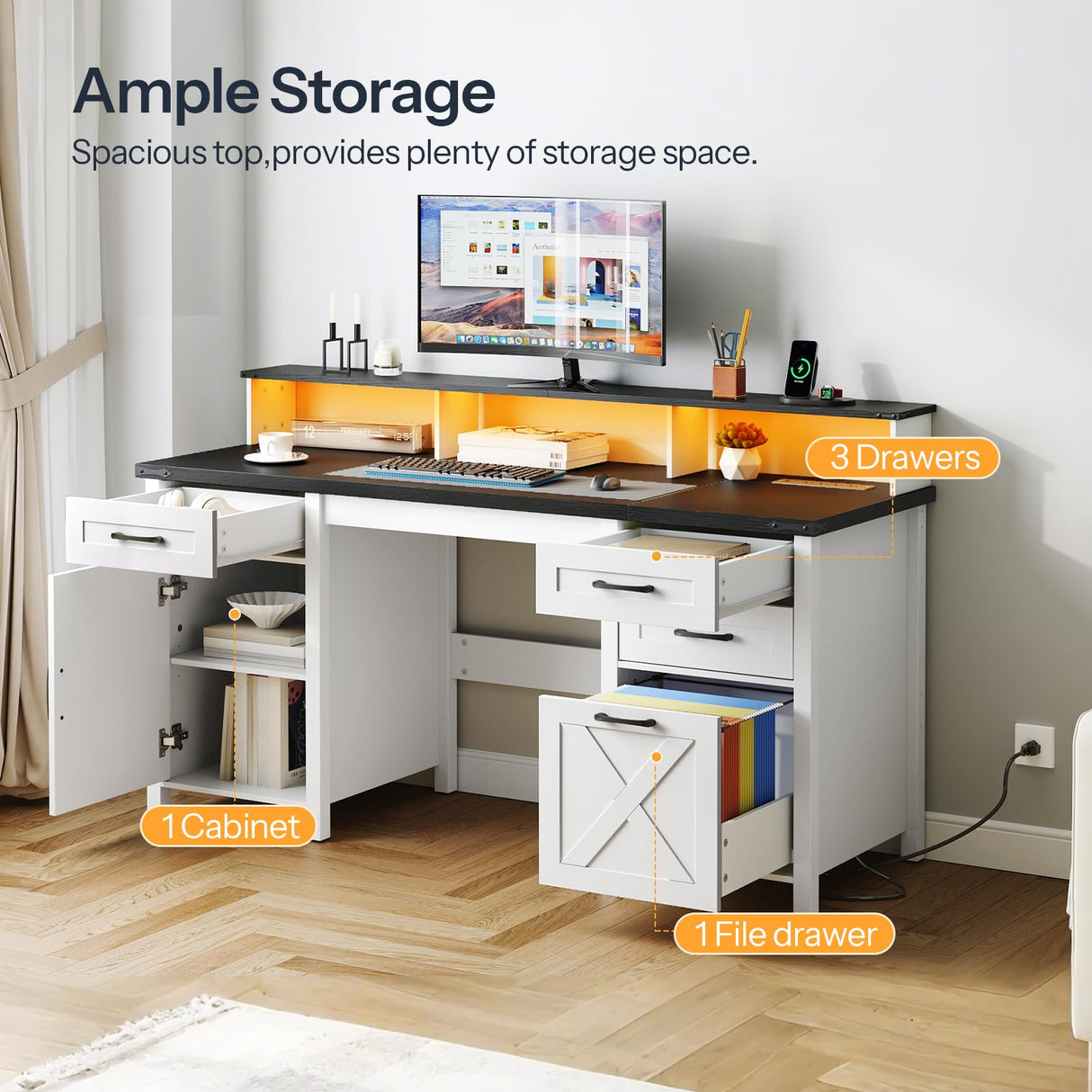 HOOBRO Farmhouse Executive Desk with Drawers, 63" Large Farmhouse Desk with Power Outlet & LED Light, Office Desk with Drawers, Computer Desk with File Cabinet, Writing Desk with Monitor Stand, White HOOBRO