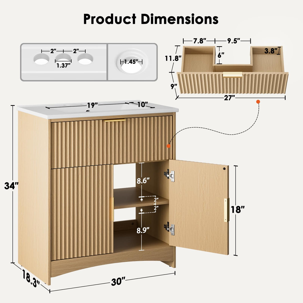 Amada 30″ Bathroom Vanity with Ceramic Sink, Modern Undermount Vanity Sink Cabinet with 2 Doors and 1 Drawer, Fluted Free Standing Bathroom Storage Cabinet with Sink Combo Set, Natural Oak AMADA HOMEFURNISHING