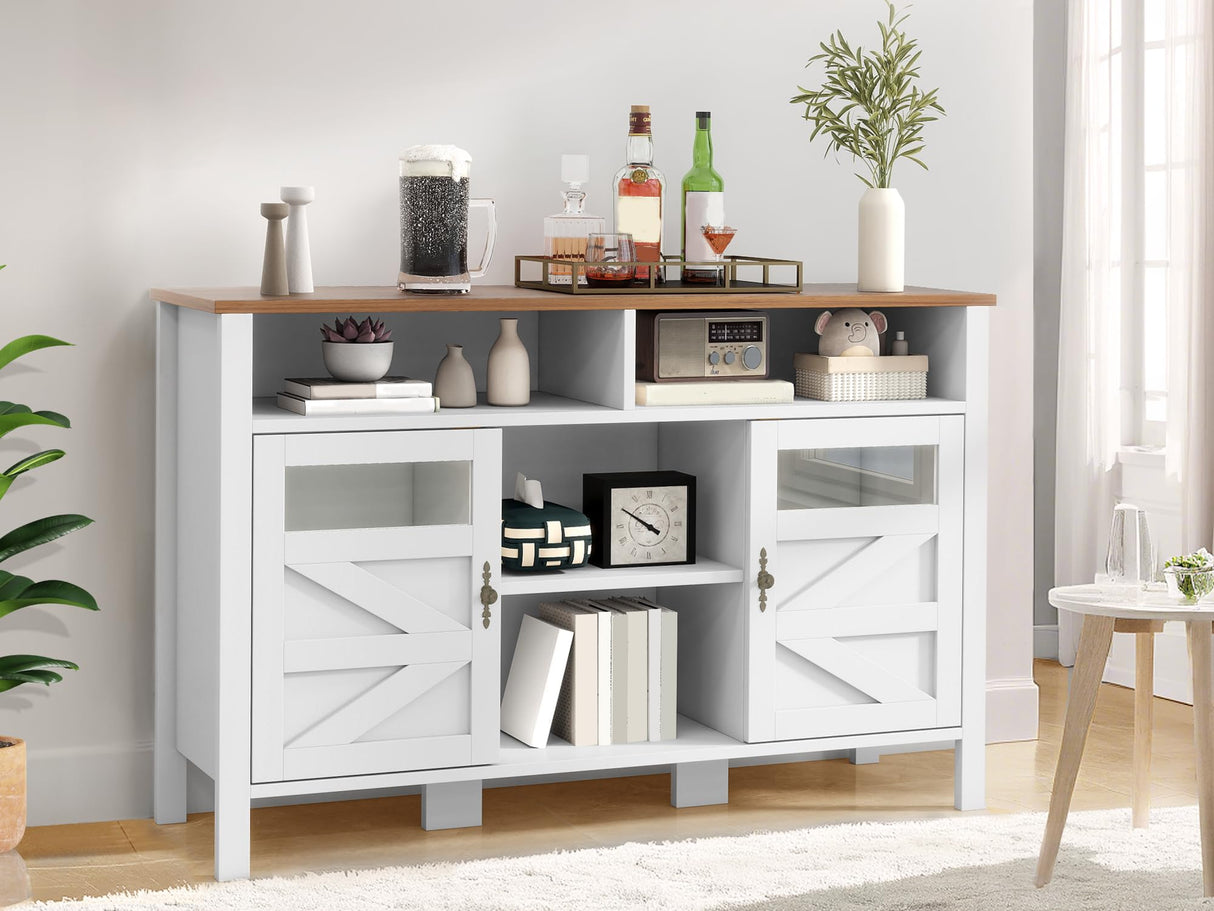 YITAHOME 55'' Farmhouse Buffet Cabinet with Storage, Large Sideboard Cabinet with 2 Doors & Open Storage, Versatile Coffee Bar Table for Kitchen & Living Room (White) YITAHOME