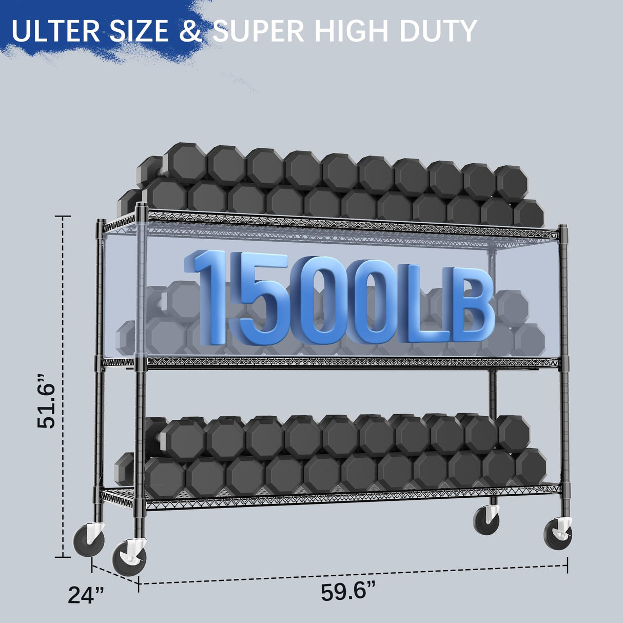 Heavy Duty Shelving, 51.6" H Garage Shelving Unit with Wheels, 3-Tier Garage Storage Shelves Metal Shelves Rack, Adjustable Industrial Shelving for Warehouse Storage, 60" W x 24" D x 51.6" H, Black GIOTORENT