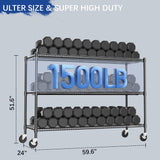 Heavy Duty Shelving, 51.6" H Garage Shelving Unit with Wheels, 3-Tier Garage Storage Shelves Metal Shelves Rack, Adjustable Industrial Shelving for Warehouse Storage, 60" W x 24" D x 51.6" H, Black GIOTORENT