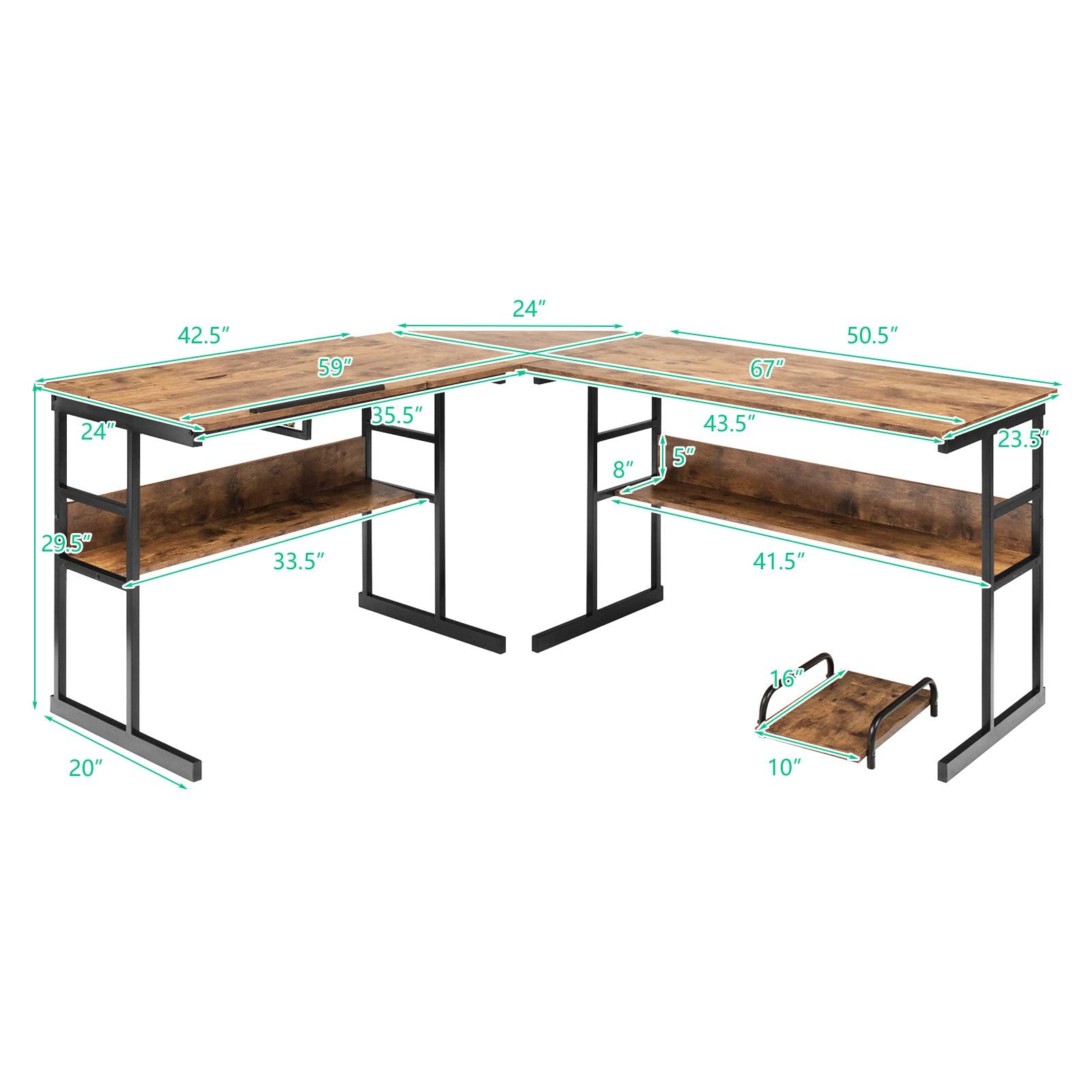 Tangkula 67 Inches L-Shaped Office Desk, Corner Computer Desk with Bottom Bookshelves & CPU Stand, Drafting Drawing Table with Tiltable Desktop, Corner Computer Workstation Home Office Desk - WoodArtSupply