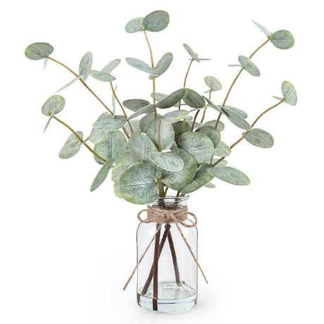 Bessol Artificial Eucalyptus Stems in Glass Vase with Faux Water, 13.5” Fake Plants for Home Decor, Coffee Table Centerpieces, Office, Bathroom & Farmhouse Weddings - Faux Greenery Plants Decorations Bessol