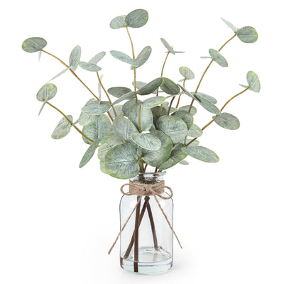 Bessol Artificial Eucalyptus Stems in Glass Vase with Faux Water, 13.5” Fake Plants for Home Decor, Coffee Table Centerpieces, Office, Bathroom & Farmhouse Weddings - Faux Greenery Plants Decorations