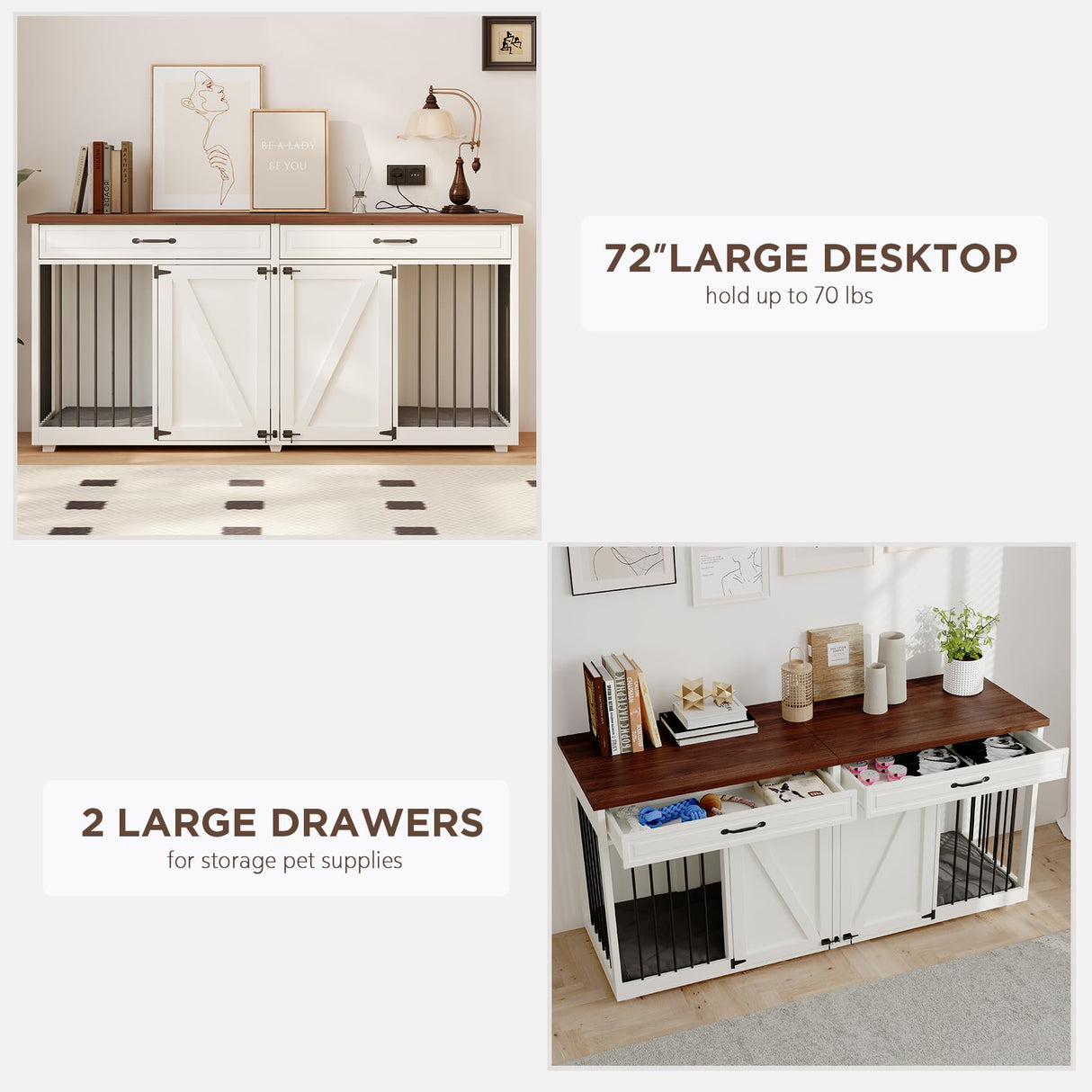 Furniture Style Dog Crate - Indoor Wooden Dog Kennel Furniture with 2 Drawers & Room Divider - 72" L x 23.6" W x 34" H - White MOWPEX
