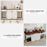 Furniture Style Dog Crate - Indoor Wooden Dog Kennel Furniture with 2 Drawers & Room Divider - 72" L x 23.6" W x 34" H - White MOWPEX