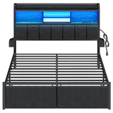 Furnulem Queen Bed Frame with Storage Drawers, Upholstered Headboard with Storage Shelf, LED Lights and Charging Station, Metal Platform Bed Frame Queen Size, Noise Free, No Box Spring Needed, Black Furnulem
