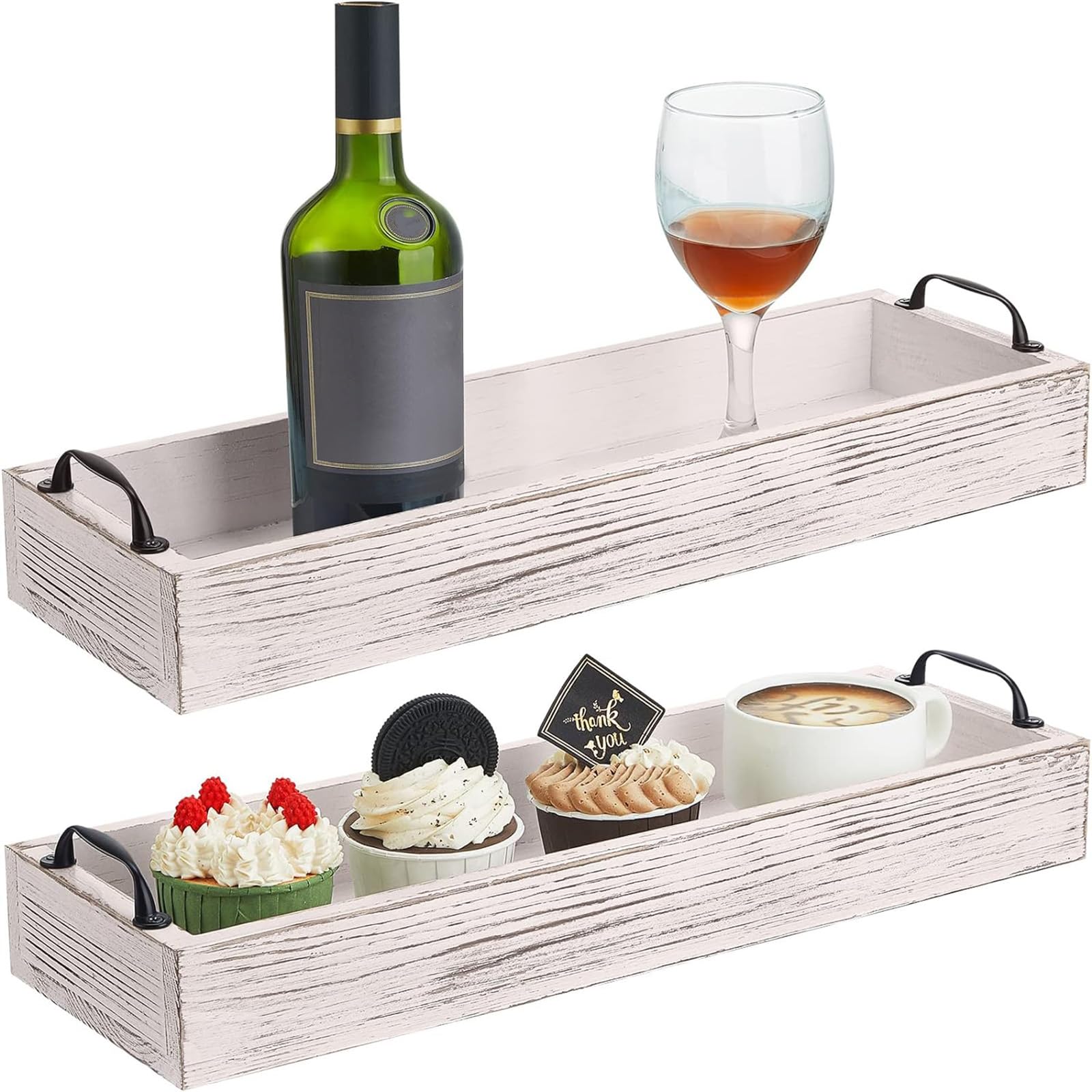 2 Pack Rustic Wooden Serving Trays Rustic Wooden Long Serving Trays with Handle Rectangular Ottoman Tray for Home Room Coffee Table Farmhouse Serving Decoration (Whitewashed) - WoodArtSupply