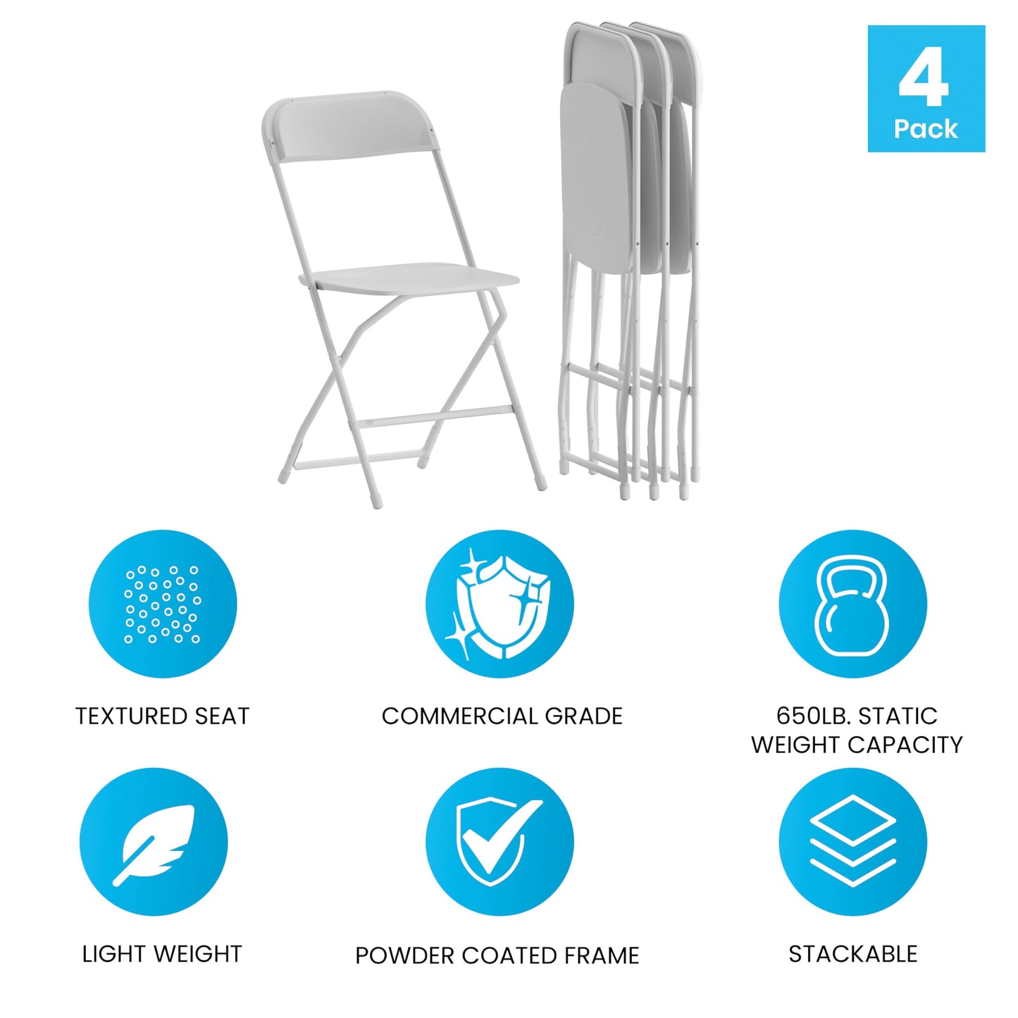 Flash Furniture Hercules Series Plastic Folding Chair - White - 4 Pack 650LB Weight Capacity Comfortable Event Chair-Lightweight Folding Chair