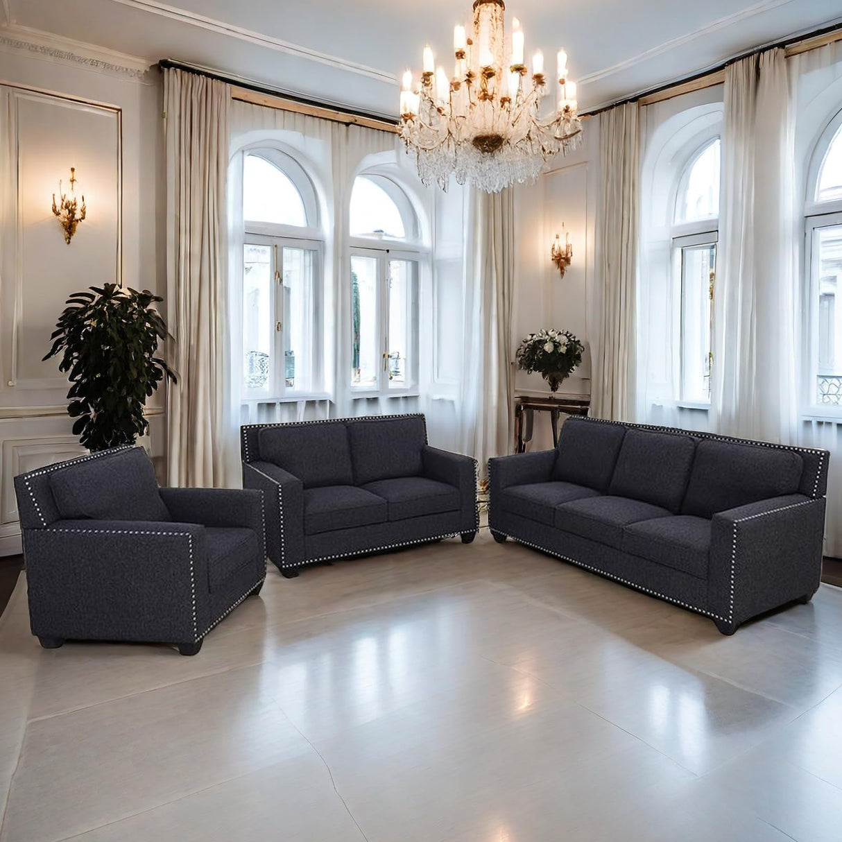 GlasFlength Couches Sofa for Living Room Set 3 Piece Modern Decor Sofa and Loveseat Set with Arms and Nailhead, Includes Loveseat Couch and Armchair GlasFlength