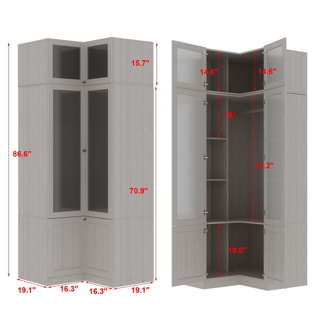 Homsee L-Shape Armoire Wardrobe Closet with Frosted Glass Doors, Hanging Bar & Shelves, Wooden Closet Storage Cabinet with Top Cabinet for Bedroom, Warm Grey (35.4”L x 35.4”W x 86.6”H) Homsee