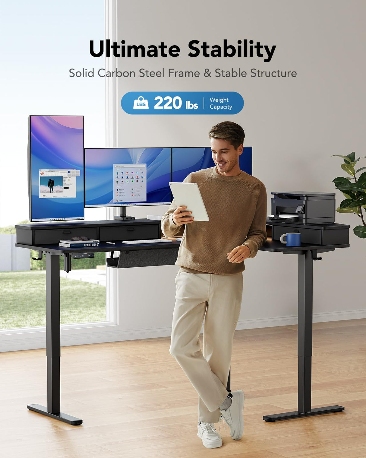 HUANUO 65″ L-Shaped Standing Desk with Power Outlets & LED Strip, Support C-Clamp Mount, Electric Height Adjustable Corner Computer Desk with 3 Drawers, Sit Stand Up Desk with Large Power Strip Holder HUANUO