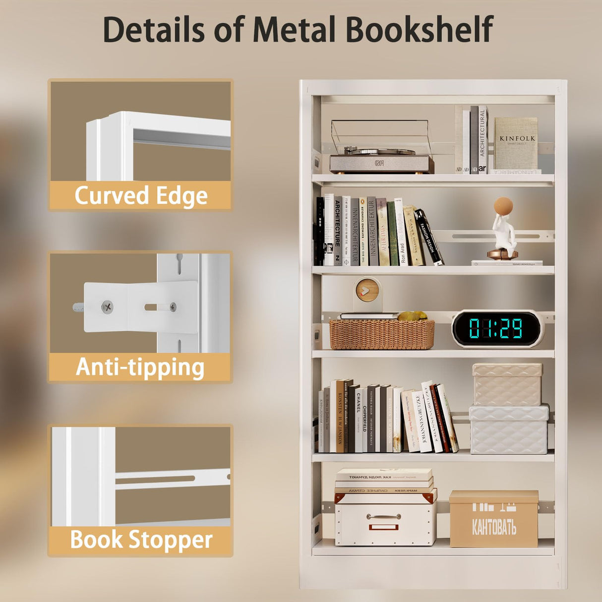 Guomao 5 Tier White Metal Bookshelf, 71" H Bookcase with Adjustable Shelves, Heavy Duty Storage Bookshelves Tall Bookcase for Library, Office, Living Room, Classroom, Including Book Stopper(White) Guomao