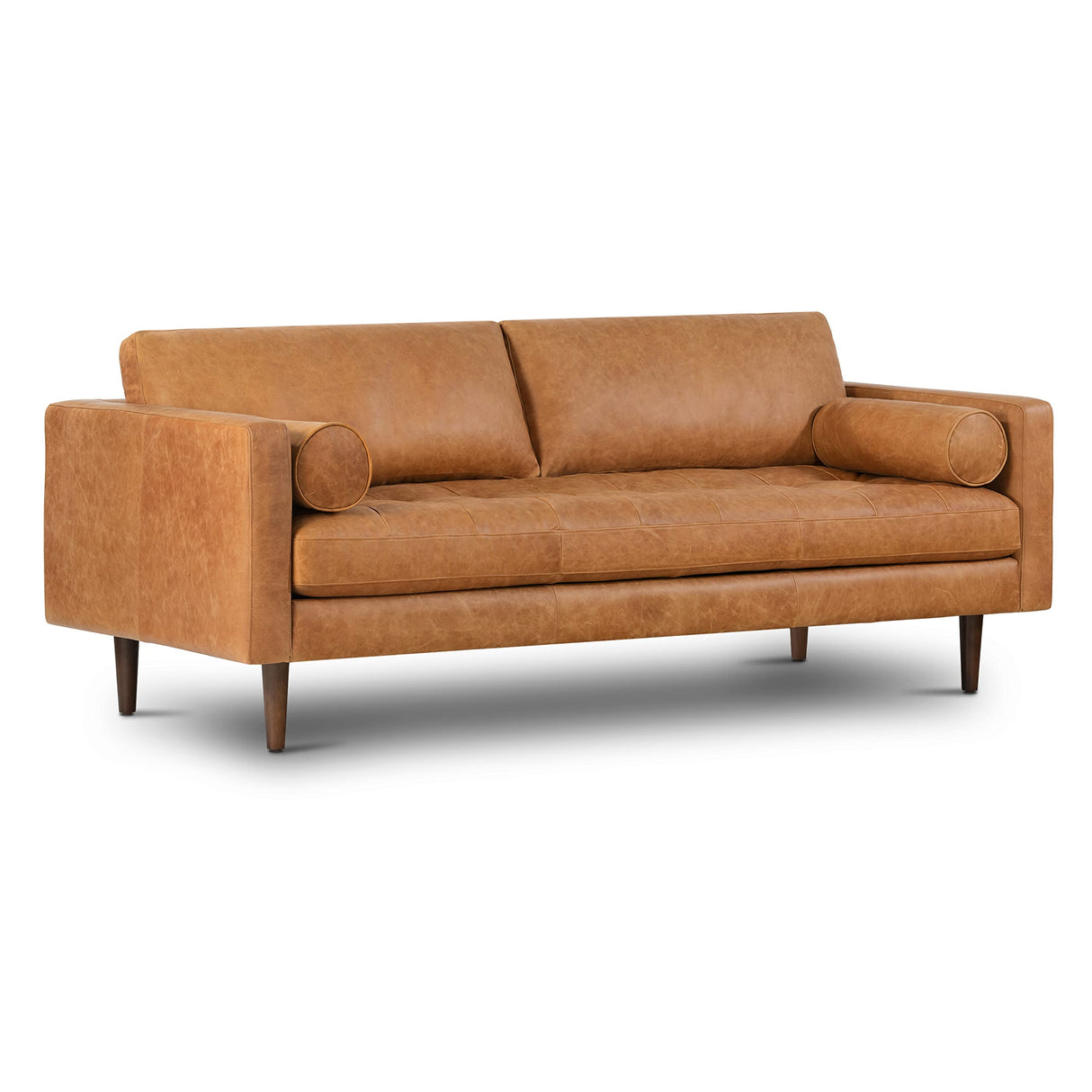 POLY & BARK Cognac Tan Brown Leather Couch - 88.5" Mid Century Leather Sofa with 2 Bolsters - Full Grain Camel Leather Couch - Feather-Down Topper On Seating Surface - Pure-Aniline Italian Leather POLY & BARK