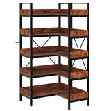 5-Tier Corner Bookshelf, L-Shaped Reversible Bookshelf, 65" Industrial Wooden Bookcase with Open Shelves, Metal Frame Shelf with Adjustable Feet, Corner Storage Rack for Home Office, Rustic Brown GarveeLife