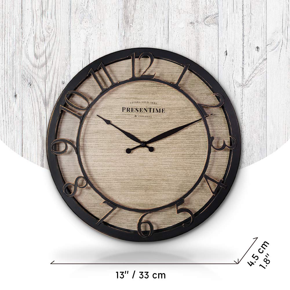 Presentime & Co 13" Farmhouse Series Wall Clock, Quartz Movement, Shiplap Style,Raised 3D Arabic Numeral, Oil Rubbed Bronze Presentime