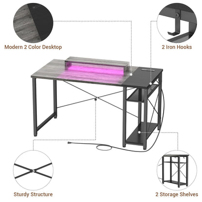 armocity Computer Desk with LED, Gaming Desk with Outlets, 40 Reversible Laptop Table with Monitor Stand, Small Desk for Small Spaces, Grey/Black - WoodArtSupply