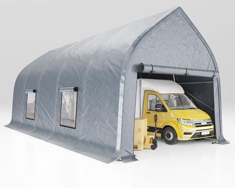 AMERLIFE 12 x 30 FT Walnut-Shaped Carport with Galvanized Frame, Roll-Up Doors & Mesh Windows, Heavy Duty Outdoor Canopy with Reinforced Ground Stacks, for Truck & Boat, Silver Gray AMERLIFE