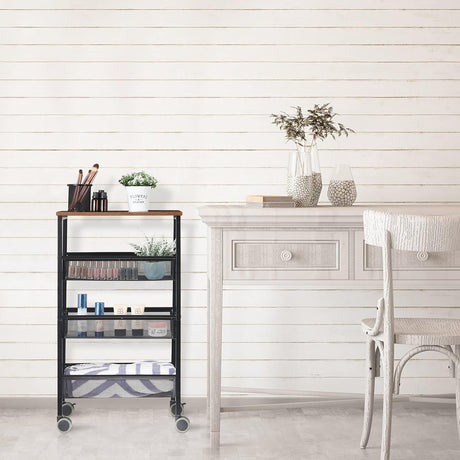 LIANTRAL Rustic Kitchen Storage Cart, 4 Tier Kitchen Cart on Wheels, Metal Mesh Storage Pantry Cart with Lockable Wheels, Wood Look Top and Metal Frame. LIANTRAL